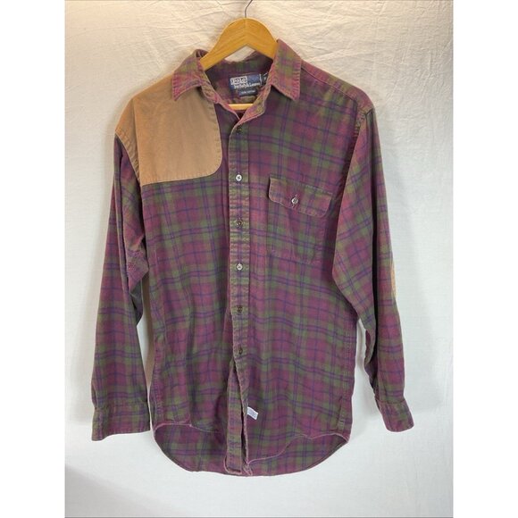 VTG mens‎ Polo Ralph Lauren Elbow Patch Plaid Flannel Outdoor size S dadcore - Picture 1 of 9